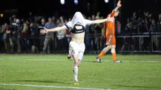 Elon's Cooper Vandermaas-Peeler celebrates after scoring in Elon's 3-0 win in over Winthrop. (Andrew Feather/ELN)