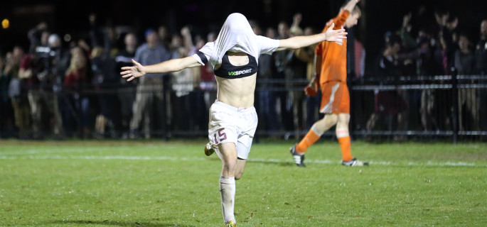 Elon's Cooper Vandermaas-Peeler celebrates after scoring in Elon's 3-0 win in over Winthrop. (Andrew Feather/ELN)