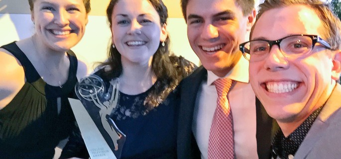 Members of Elon University’s “30 Minutes” news broadcast celebrate the program’s first-place finish in the magazine category of the 37th College Television Awards. Pictured (from left) are Jennie Hook ’16, Ryan Kathleen Greene ’15, Eric Halperin ’15 and Brian Mezerski ’15. Photo courtesy of Mezerski